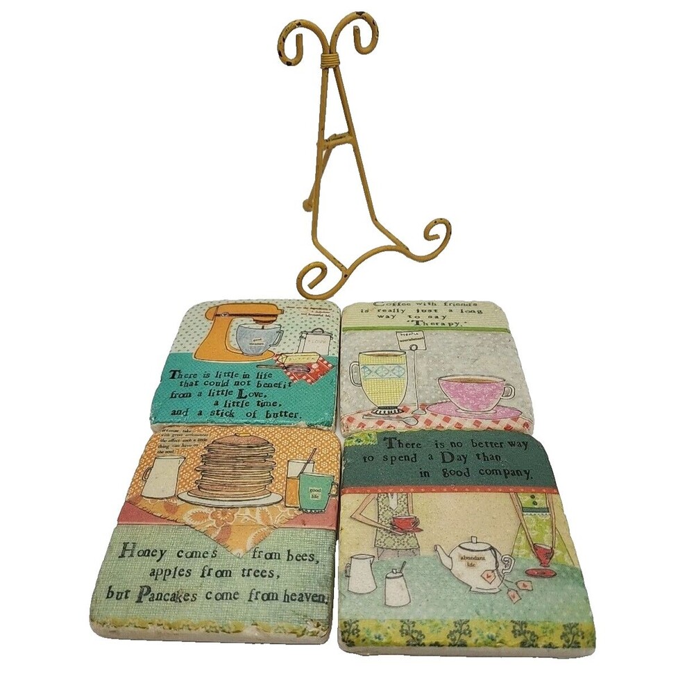 Kitchen Themed Stone Coasters With Display Stand Set of 4 by Curly Girl Design